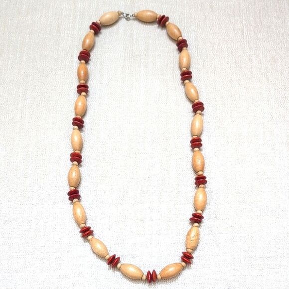 Vintage Red and Tan Wood Beaded Folk Art 31" Necklace - Picture 1 of 5